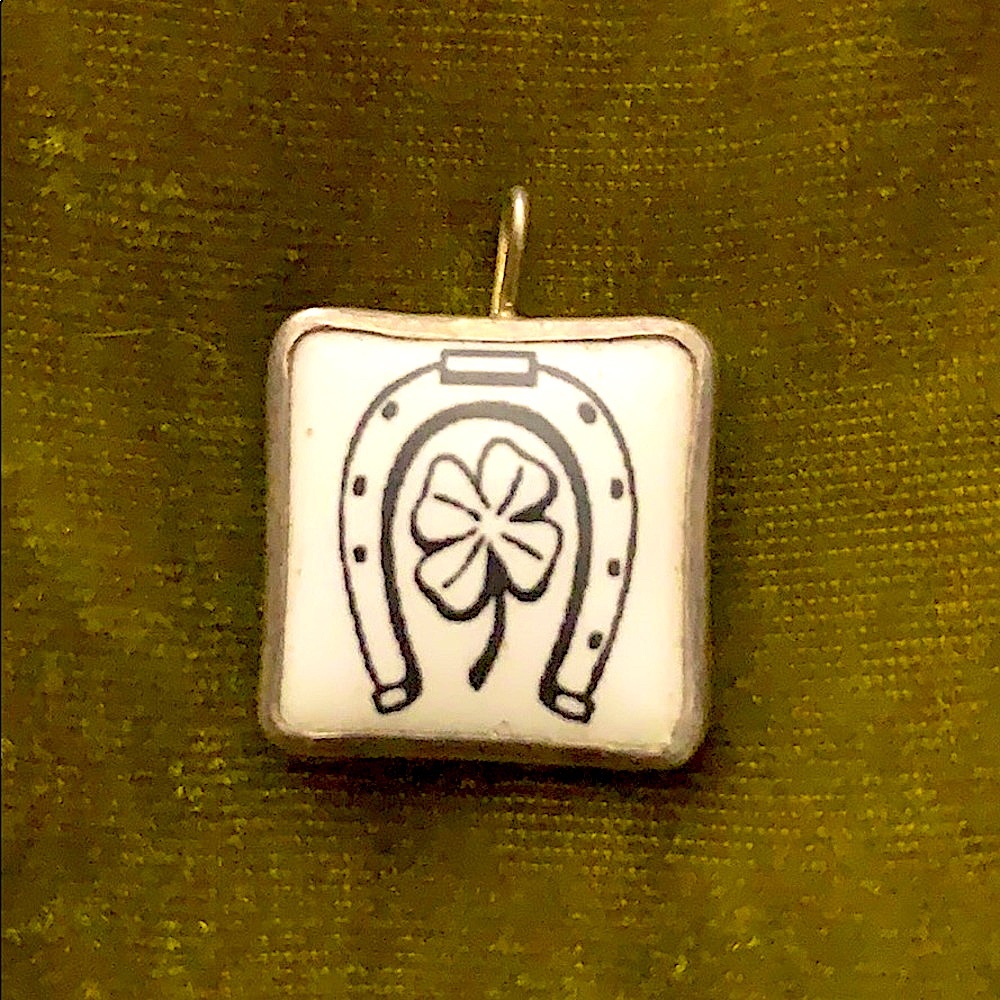 Enamel Horseshoe & Clover Good Luck Pendant